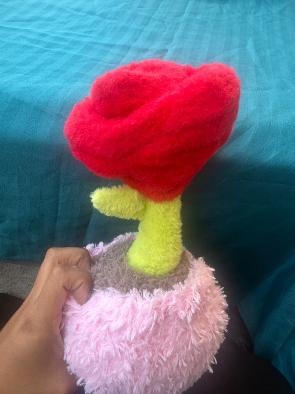 Plush Red Rose in Pink Fuzzy Pot A13